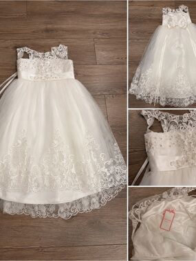 White Lace Tulle Girls' Party Dress, flower girl first communion dress with Bow